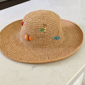 Straw Wide Brim Sun Hat w/ Colorful Straw Hand Embroidered Nature Accent